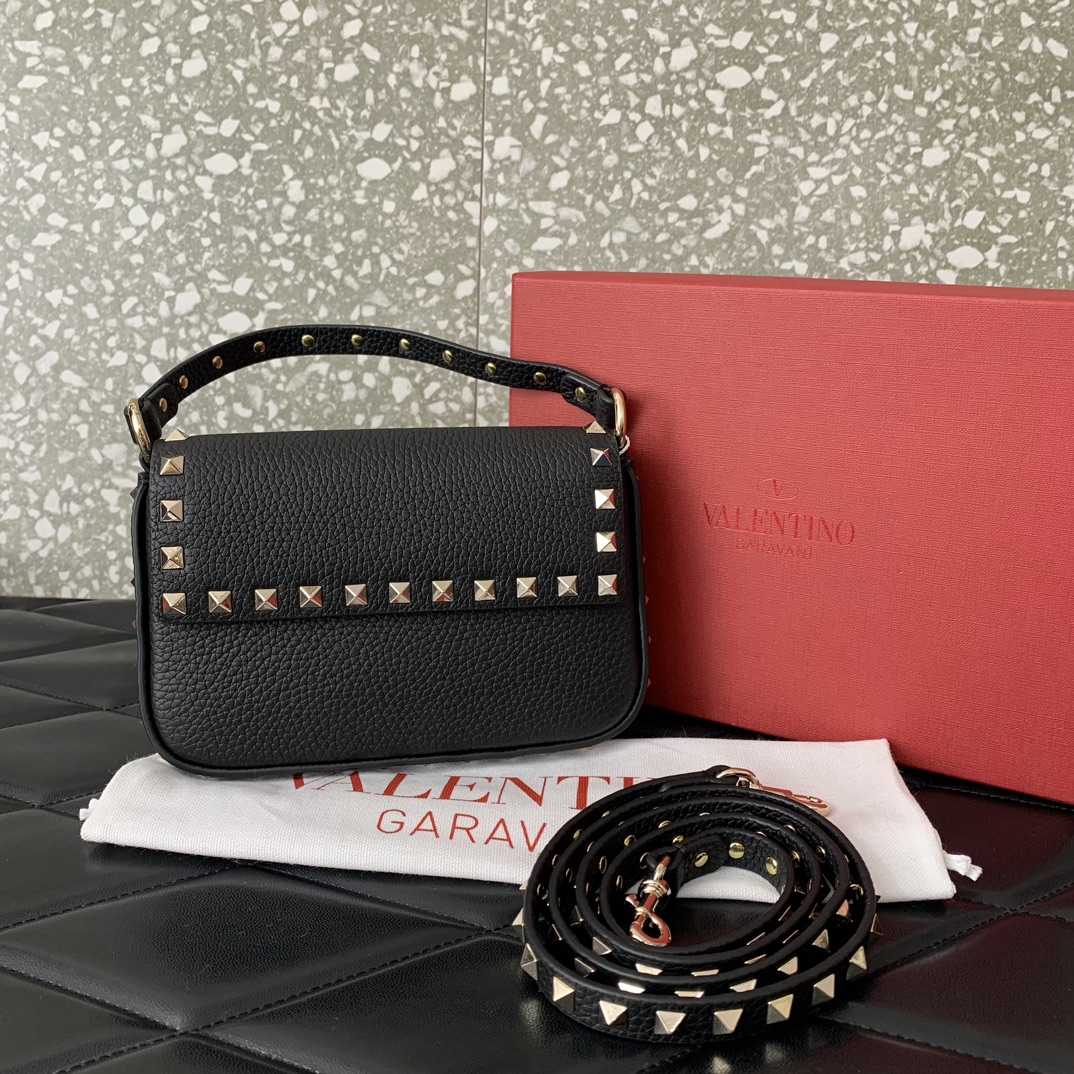 Valentino Garavani Rockstud Small Shoulder Bag in Black Grainy Calfskin